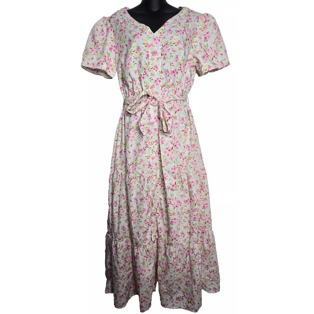 Busy Bees Smocks Womens Cottage Core Dress Medium Floral Tiered Belt Pink Flower